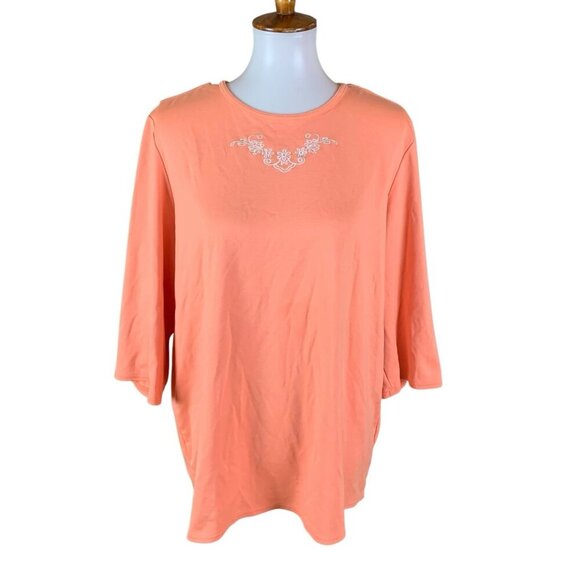Silverts Peach Embroidered Floral Pullover Top 3/4 Sleeve Stretch Knit Shirt L - Picture 1 of 6